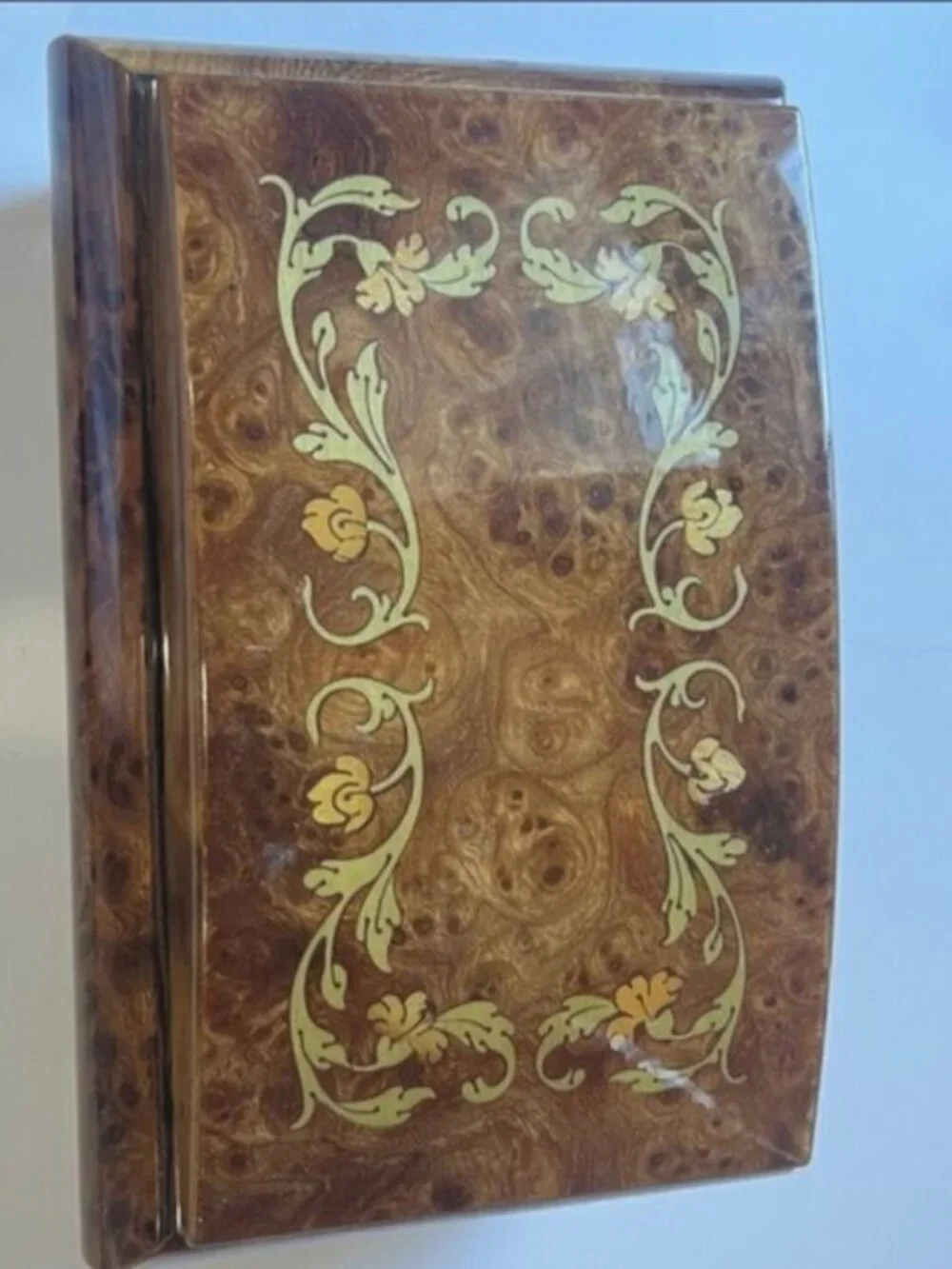 Vintage Splendid Italian Inlaid Wood Music Jewelry Box Floral Design